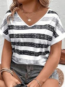 INAWLY Plus Size V-Neck Short Sleeve Gradient Striped Print Casual Versatile Summer T-Shirt - Multicolor - View 4