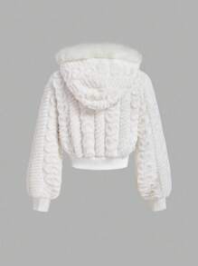 SHEIN Girlism Tween Girl Casual White Textured Double-Sided Faux Fur Hooded Jacket In Fall/Winter - White - View 3