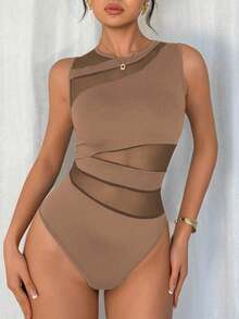 Chiquease Elegant Sexy Fashion Black Round Neck Sleeveless Fitted Asymmetrical Geometric Mesh Patchwork Knitted Bodysuit For Women, Spring/Summer