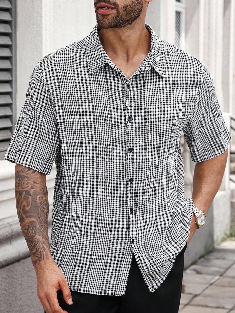 Manfinity Homme 夏季大码男士休闲格子短袖衬衫 - 黑與白 - 查看 1