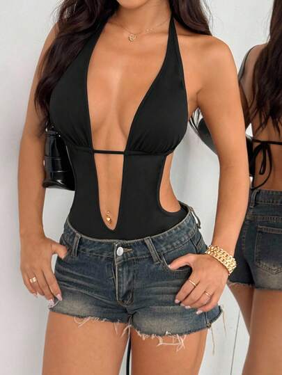 EgrlEra Petite 黑色深 V 领露背系带紧身衣，超有弹性，柔软舒适，娇小女性的性感休闲装，适合居家、海滩、日常穿着、秋季