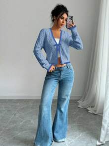 Selianne French Casual Versatile Diamond Textured Long Sleeve Pullover Knit - Blue - View 7