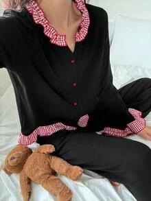 DAZY 女士甜美撞色格子荷叶边睡衣套装，秋季服装 - 黑色 - 查看 4