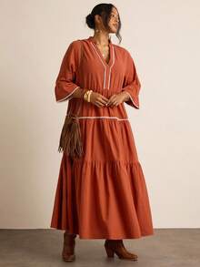 Freevana 大码女式拼色V领喇叭袖宽松休闲连衣裙 - 鏽棕色 - 查看 3
