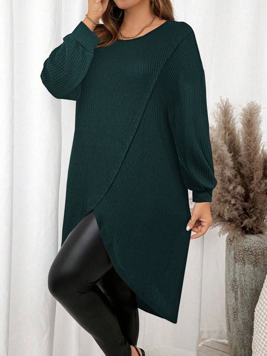 SHEIN Clasi 女式加大码宽松纯色长袖休闲上衣 - 水鴨藍 - 查看 1