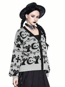 ROMWE Goth Áo len cardigan dáng rộng thường ngày dành cho nữ với họa tiết mèo và mặt trăng bí ẩn tối màu, Halloween - Xám - Xem 7