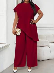 SHEIN Lady 2025 New Plus Size Women Solid Claret Metallic Round Neck Loose Asymmetric Hem Elegant Claret Blouse, Valentine's Day New Year Party Going Out