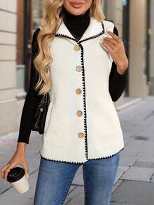 Roamenne Roamenne Women's Casual Contrast Color Trim Sleeveless Lightweight Jacket, Autumn/Winter - White - View 4