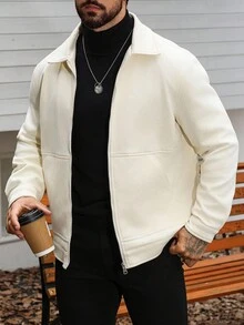 Manfinity Homme Men's Solid Color Long Sleeve Zip-Up Casual Loose Jacket , Fall - White - View 3