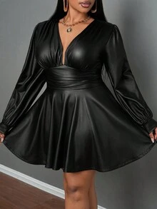 Slaydiva 2024 新年/情人节/复活节/西方优雅休闲派对约会之夜长袖设计黑色 PU 低胸 A 字加大码女装/西装女加大码/迷你裙，适合春秋季 - 黑色 - 查看 7