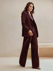 Anewsta 2pcs Women's Elegant Suit Set, Maillard Color Blazer Jacket + Straight Leg Pants, Suitable For Autumn, Fall, Winter, Going Out, Formal, Chic, New Year, Christmas, Work, Graduation