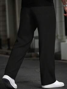 Manfinity Homme Men Plus Size Solid Color Pockets Straight-Leg Casual Pants, Versatile, Fall - Black - View 2