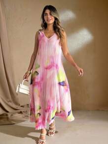 Roveilla 大码复古扎染印花百褶无袖连衣裙 - 彩色 - 查看 3