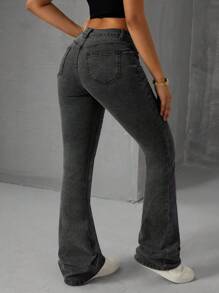 SHEIN Tall Damer Casual Mid-Wist Pocket Denim Skinny Flared Jeans - Grå - Visa 2