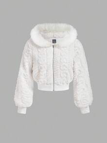 SHEIN Girlism Tween Girl Casual White Textured Double-Sided Faux Fur Hooded Jacket In Fall/Winter - White - View 6