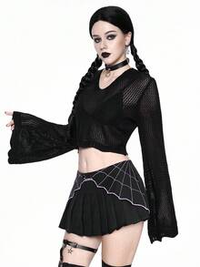 ROMWE Gothic Hooded Pullover Sweater With Flared Sleeves, Halloween - Black - View 4