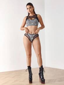 Menodora SHEIN Sport 女士时尚性感闪光网眼拼布镂空吊带背心和内裤，其他舞蹈服装 - 銀色 - 查看 3