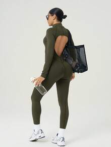 Powerista Solid Color Zipper Stand Collar Tight Fit Long Sleeve Jumpsuit - Army Green - View 4