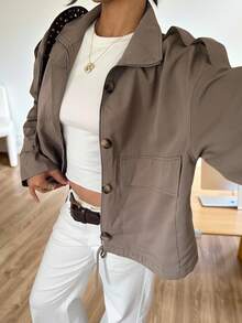 SHEIN EZwear Trench Coats New Autumn Old Money Women's Autumn Fashion Street Chic High Collar Dropped Shoulder Loose Flap Pocket Short Trench Coat Brown Clothes - Mocha Brown - View 4