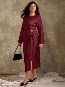 Roveilla Đầm maxi xẻ tà cổ tròn màu trơn thanh lịch tối giản cỡ lớn dành cho nữ, có chi tiết trang trí bằng kim loại, phù hợp mặc nơi công sở, thường ngày, đi nghỉ, tiệc tùng, xuân/hè - Màu Tím - Xem 7