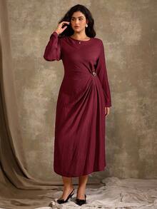 Roveilla Đầm maxi xẻ tà cổ tròn màu trơn thanh lịch tối giản cỡ lớn dành cho nữ, có chi tiết trang trí bằng kim loại, phù hợp mặc nơi công sở, thường ngày, đi nghỉ, tiệc tùng, xuân/hè - Màu Tím - Xem 3