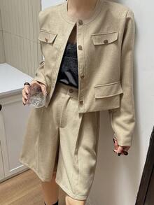 DAZY 2pcs Women Casual Solid Color Round Neck Long Sleeve Loose Jacket & Straight Leg Shorts Set, Autumn/Winter Lounge Sets For Women - Khaki - View 5