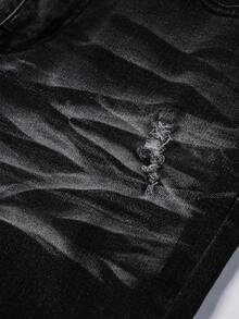 SHEIN 青少年男孩时尚休闲复古镂空破洞磨边设计感渐变水洗灰色弹力牛仔裤，酷炫男童/感恩节男童黑色和灰色牛仔弹力修身破洞牛仔裤，适合儿童男童日常穿着，春夏青少年男童做旧牛仔裤，秋冬款 - 黑色 - 查看 6