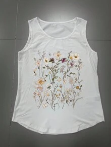 Floral Minimalist Print Round Neck Sleeveless Women Casual Tank Top - White - View 1