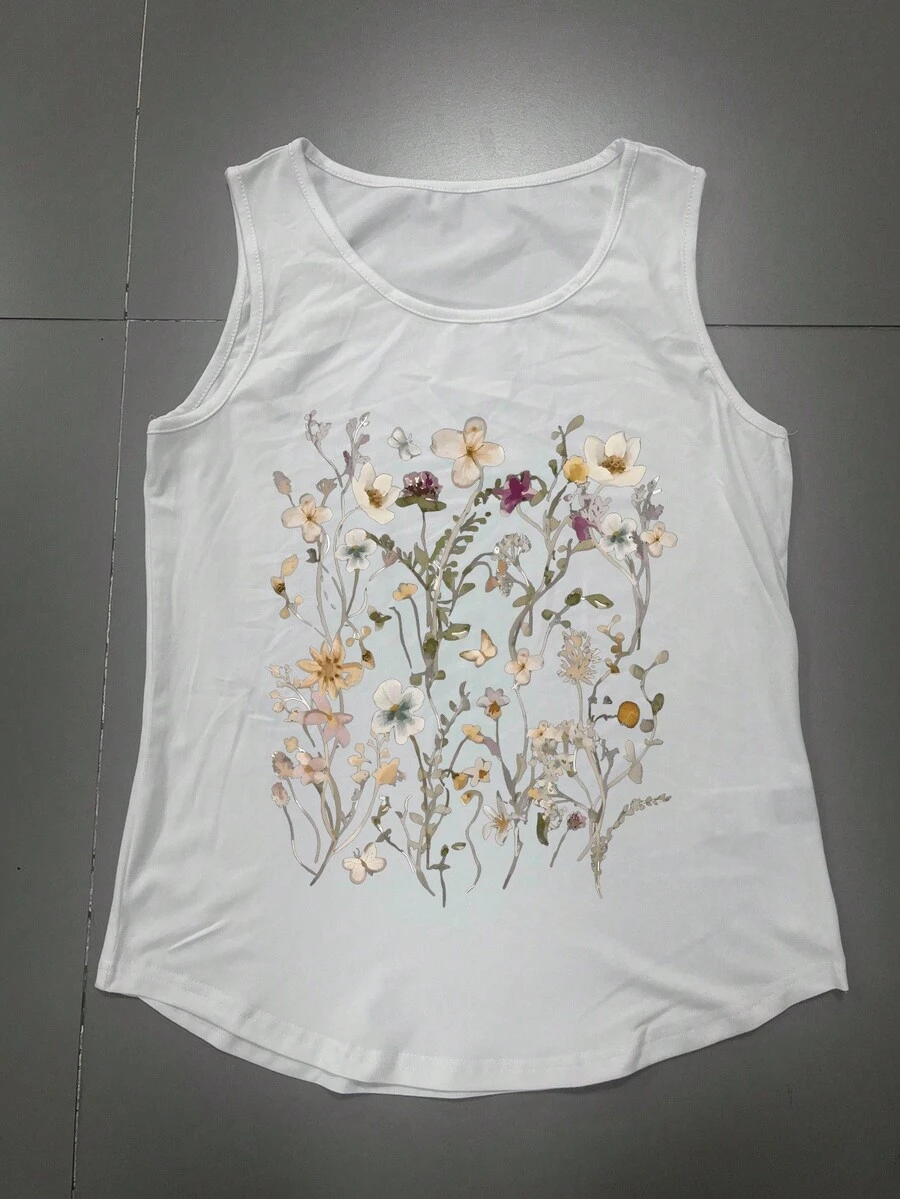 Floral Minimalist Print Round Neck Sleeveless Women Casual Tank Top - White - View 1
