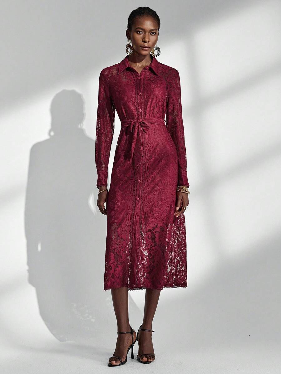 Almamuse Vestido elegante de mujer con parches de encaje, burdeos - Burdeos - Ver 1