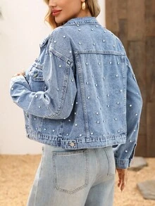 EMERY ROSE Casual Loose Front Button Pocket Long Sleeve Women Denim Jacket - Blue - View 2