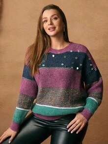EMERY ROSE Plus Size Women's Colorful Bamboo Slice Casual Pullover Sequin  Sweater With Dropped Shoulders, Women's Winter Sweater - Multicolor - View 4