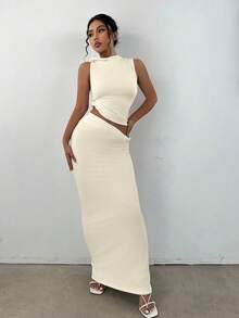 SHEIN Unity Women's Solid Color Twist Shoulder Design Fitted Tank Top And Skirt 2 Pieces Set - Beige - View 5