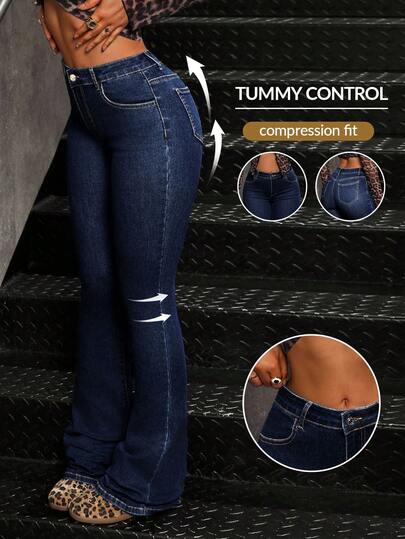 SHEIN Tall Mid-Waist Denim Skinny Flared Pants, Minimalist Style For Casual Daily Wear