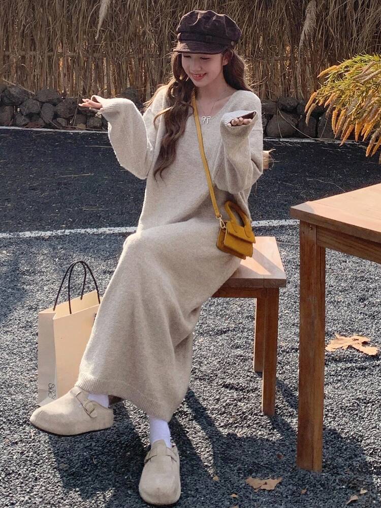 Women's Solid Color V-Neck Drop Shoulder Long Sleeve Loose Casual Knit Dress, Autumn/Winter Sweater Dress
