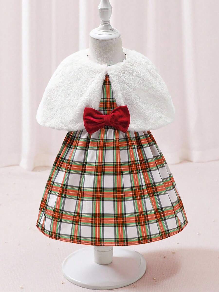 Glamorique Kids 2pcs Baby Girls Autumn/Winter New Design Rabbit Fur Cape & Red Plaid Sleeveless Vintage Cute Party Dress Set,Christmas Dress Fall