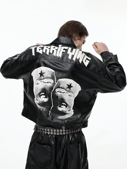 Street Life Men's Fashion Figure & Letter Print PU Jacket, Fall Winter