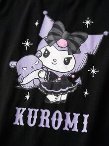 HELLO KITTY AND FRIENDS | SHEIN 年轻女孩休闲可爱卡通图案宽松圆领落肩短袖针织黑色T恤，夏季 - 黑色 - 查看 4