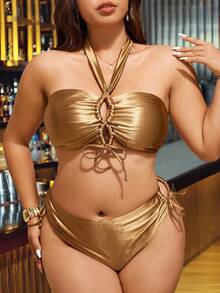 Swim Oasis New Women Plus Size Hollow-Out Bandeau 3 PiecesBikini Set With High-Waist Bottoms And Long Cover-Up, Vacation Swimming Suit