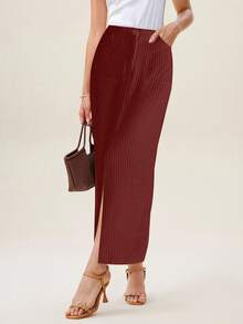 Uhlyne Quần áo mùa hè cho nữ vải lanh sọc dọc không co giãn, đa năng, có túi, thích hợp cho việc đi lại hàng ngày, giải trí, váy xẻ tà thanh lịch và thoải mái cho nữ - Đỏ - Xem 1