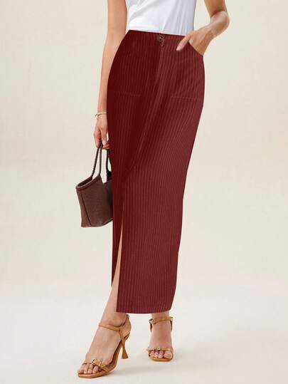 Uhlyne 女装夏装竖条纹亚麻无弹力气质百搭带口袋适合日常通勤休闲优雅舒适开衩女裙