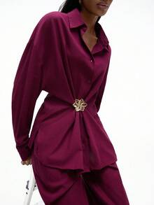 Aveloria GENKIRA 2pcs Set: Asymmetric Floral Brooch Design Casual Long Sleeve Shirt & High Waist Wide Leg Pants Fall Cloth For Women - Burgundy - View 1