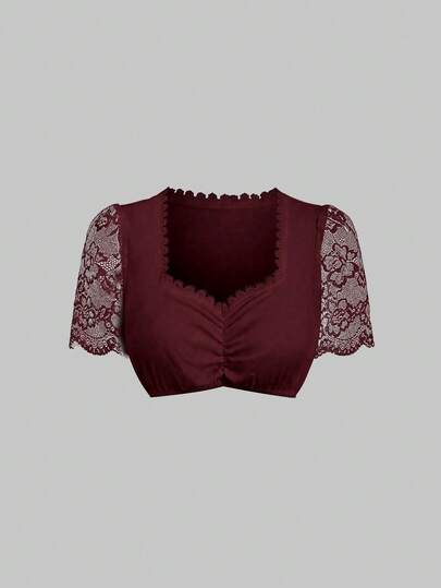 Fairmaia German Traditional Women Lace Patchwork Short Sleeve Top