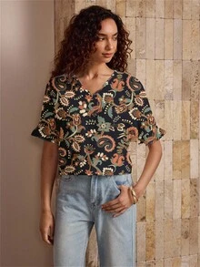 Shutterstock Glamance Camisa de vacaciones con cuello en V casual, manga de murciélago y estampado de anacardo para mujer - Multicolor - Ver 4