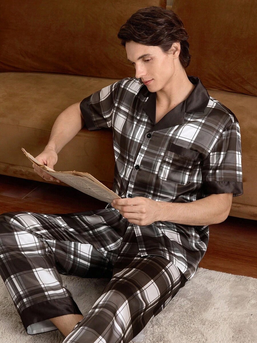 SHEIN 格子短袖和长裤男士睡衣套装 - 咖啡棕 - 查看 1