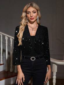 SHEIN Clasi 女士优雅性感排毒善良亮片夹克，黑色串珠 - 黑色 - 查看 3