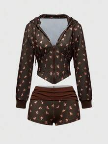 ROMWE Avant Women's Cute Deer Print Hooded Lace Patchwork Sweatshirt And Shorts 2 Pieces Set - Brown - View 1