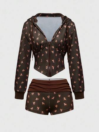ROMWE Avant Damen süßer Hirsch-Muster Kapuzen-Spitzen-Patchwork Sweatshirt und Shorts 2-teiliges Set