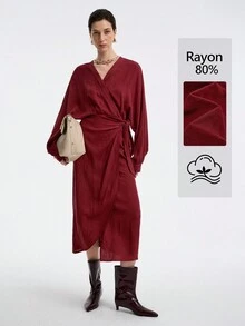 Aalyst 女款優雅深紅色秋季派對洋裝，正式辦公室中東風V領收腰圍裹式蝙蝠袖不對稱中長版 - 紫紅色 - 查看 2