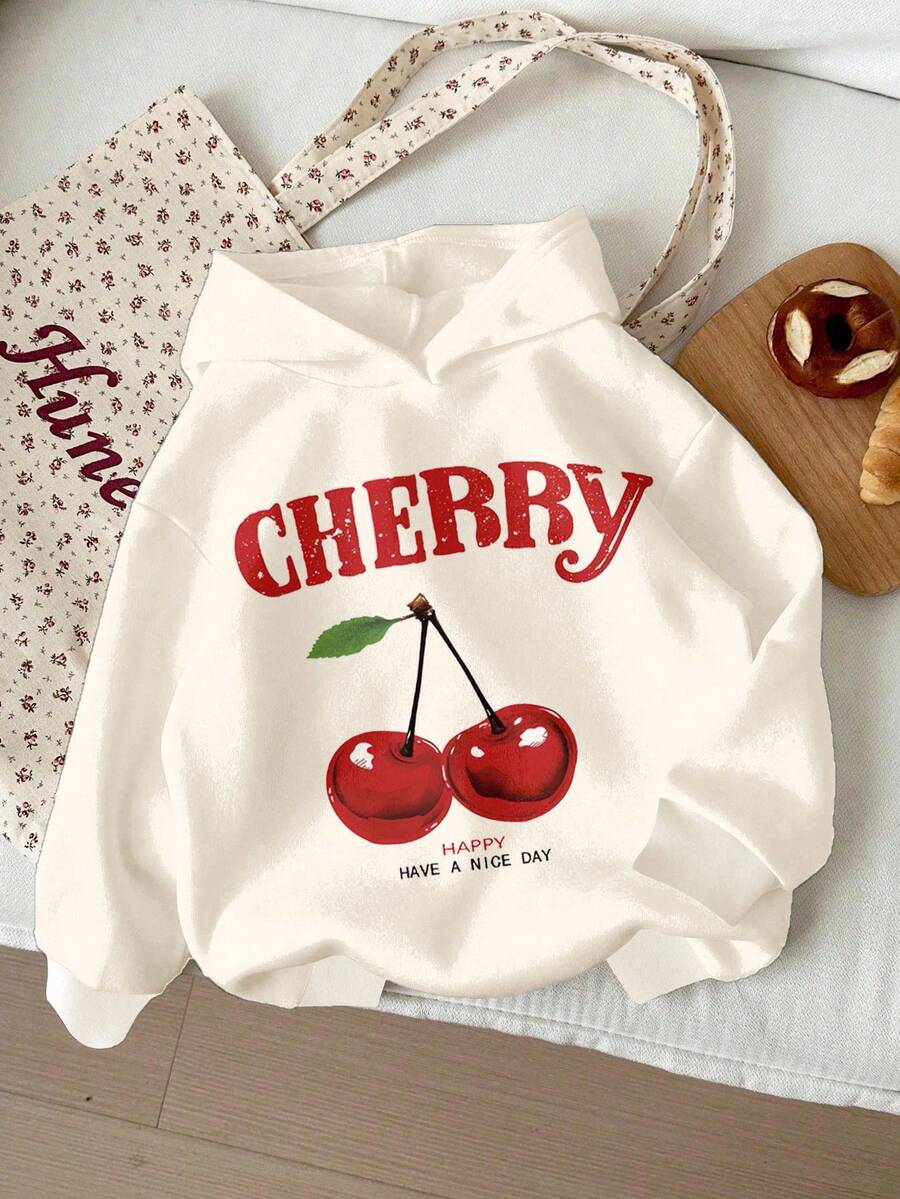 SHEIN 奶油白色，复古樱桃图案，青少年女孩休闲宽松连帽运动衫，舒适长袖，适合秋冬季